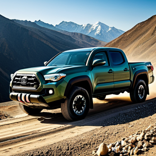 Home 14 A rugged Toyota Tacoma pickup truck, dark green, navigating a challenging, rocky mountain trail in a desolate, sun-drenched landscape, evoking the Himalayas. The truck is actively climbing a steep, unpaved incline, kicking up a small amount of dust. The scene emphasizes durability and raw power, with strong shadows and natural lighting. The overall feel is one of dependable adventure and reliability. Professional photography, high detail, natural lighting, fully clothed, appropriate attire, safe for work, perfect anatomy, correct proportions, natural pose, professional, modest, family-friendly.