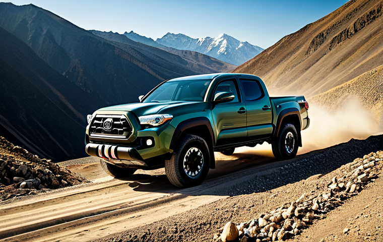 A rugged Toyota Tacoma pickup truck, dark green, navigating a challenging, rocky mountain trail in a desolate, sun-drenched landscape, evoking the Himalayas. The truck is actively climbing a steep, unpaved incline, kicking up a small amount of dust. The scene emphasizes durability and raw power, with strong shadows and natural lighting. The overall feel is one of dependable adventure and reliability. Professional photography, high detail, natural lighting, fully clothed, appropriate attire, safe for work, perfect anatomy, correct proportions, natural pose, professional, modest, family-friendly.