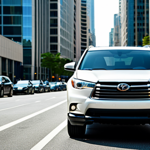 Home 9 A young professional in appropriate attire, confidently standing next to their Toyota Highlander Hybrid in a bustling city street. Background features modern buildings and busy traffic. Safe for work, fully clothed, perfect anatomy, high quality.