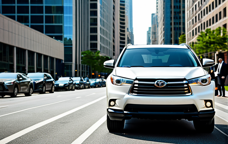 A young professional in appropriate attire, confidently standing next to their Toyota Highlander Hybrid in a bustling city street. Background features modern buildings and busy traffic. Safe for work, fully clothed, perfect anatomy, high quality.