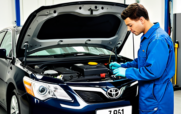 토요타 캠리 하이브리드의 유지보수 비용 - Hybrid Car Maintenance**

"A Toyota Camry Hybrid in a well-lit, professional auto repair shop. A mec...